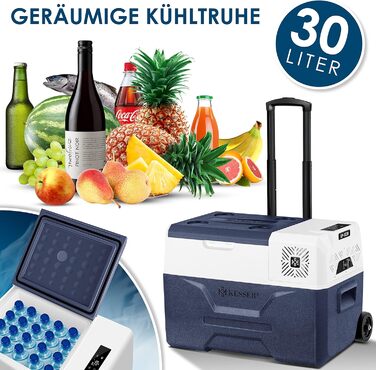 Електрична термохолодильник KESSER® Kompressor на 30 літрів, Navyblau з APP-керуванням, USB, 12/24V/230V, -20°C для авто, вантажівки, човна