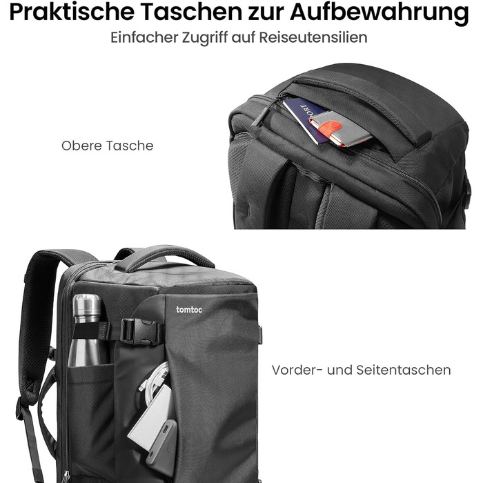 Дорожній рюкзак tomtoc 40L Reiserucksack для ручної поклажі, TSA-сумісний, чорний
