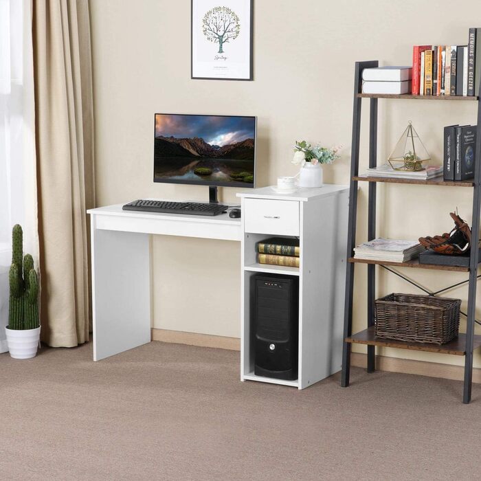 Стіл для комп'ютера Yaheetech 112x82x50 см, білий, з висувною шухлядою та 2 полицями з МДФ, офісний письмовий стіл