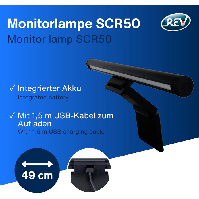 USB лампа-монітор REV з акумулятором (60 хв), 49 см, кріплення, 130 лм, 3 кольори, чорна