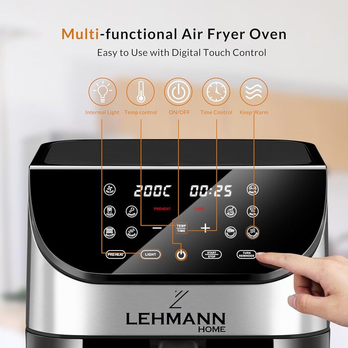 Аерофритюрниця Lehmann 6 л, 10 програм, 1500 Вт, з таймером і LED-екраном, температура 76-200°C, олії не потребує