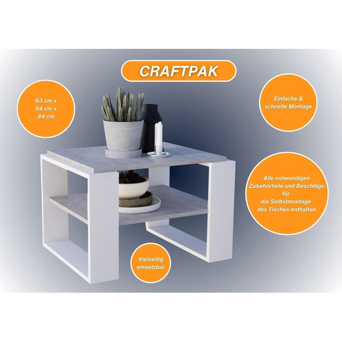 Журнальний стіл CraftPAK Kaja 63 бетон-білий, деревостружковий матеріал, сучасний стіл для вітальні з додатковою полицею
