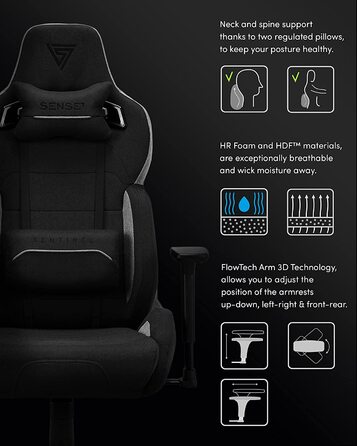 Ігрове крісло SENSE7 Sentinel, ергономічне, регульоване лордозне підбиття, нахил, гойдалка, тканина, до 150 кг, чорне-сіре