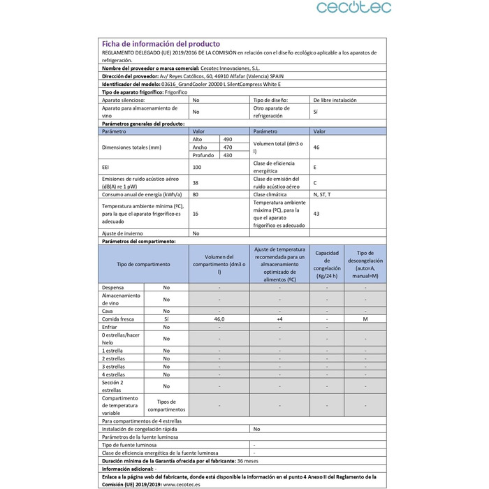 Міні-холодильник Cecotec GrandCooler 20000 L 46л, білий, тиха робота, енергозберігаючий, реверсивні дверцята, 48,7×48 см