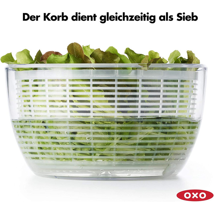 Сушарка для салату OXO Good Grips з ситом і кришкою, прозора, велика – для миття та сушіння овочів