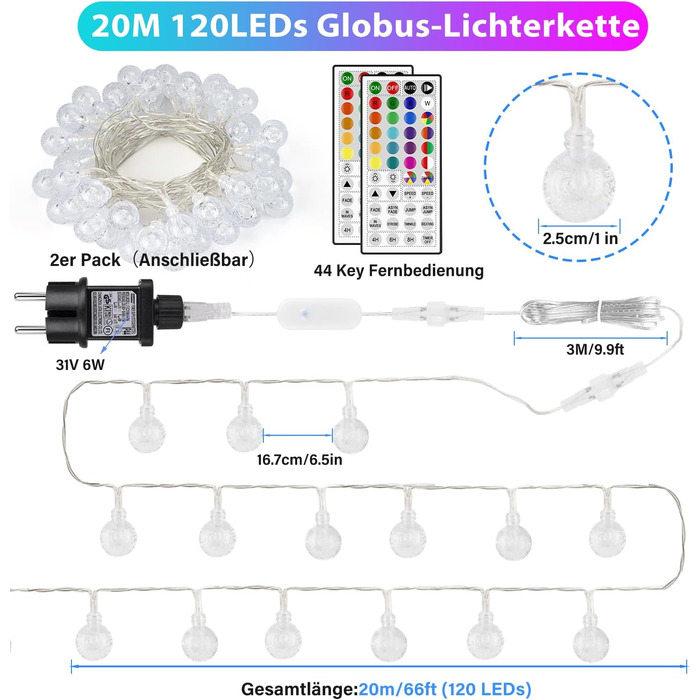 Гірлянда світлодіодна StarryEver 120 LED, 20м, RGB, 24 кольори, кулі, для вулиці та кімнати