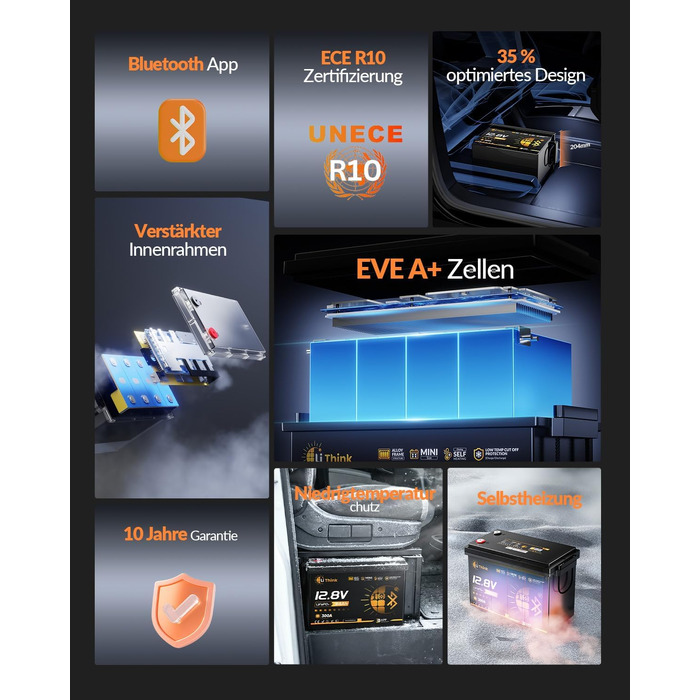 LiFePO4 акумулятор 12V 100Ah H190 ECE R10 з Bluetooth 5.4 для кемпера та автобудинку (Lithium Batterie 12V 334Ah MINI BT)