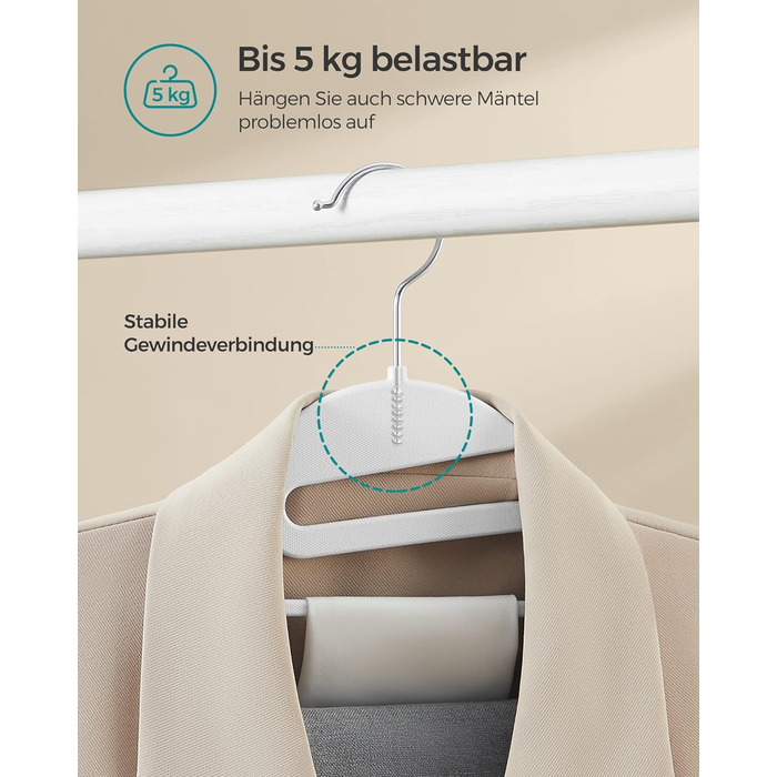Пластикові вішалки SONGMICS, 20 шт, з U-подібним вирізом, обертовий гачок 360°, товщина 0,5 см, ширина 41,5 см, білі, для одягу