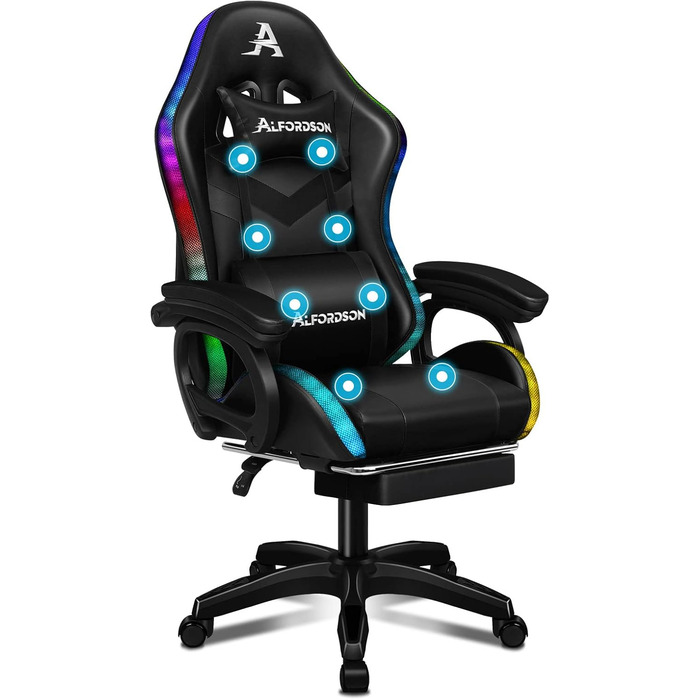 Ігрове крісло ALFORDSON з 8-точковим масажем, RGB LED підсвіткою, ергономічне, з підніжкою, підголівником і поперековою подушкою, для дітей та дорослих, чорне