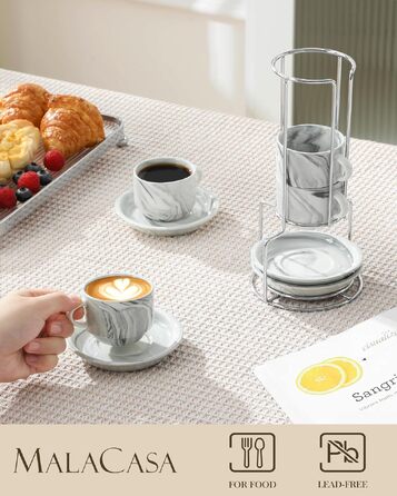 Набір чашок для еспресо MALACASA з блюдцями та підставкою, 4 шт, 75 мл, товстостінна порцеляна, сірі, серія Regular