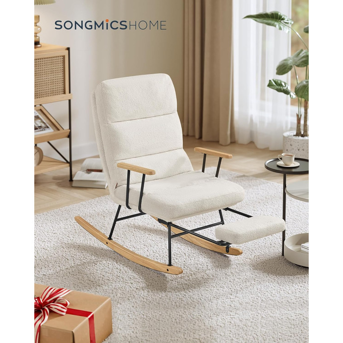Крісло-гойдалка SONGMICS HOME з дерева каучука, флісова оббивка, регульована спинка, до 160 кг, для спальні/вітальні, LYY016LJ01 (кремовий)