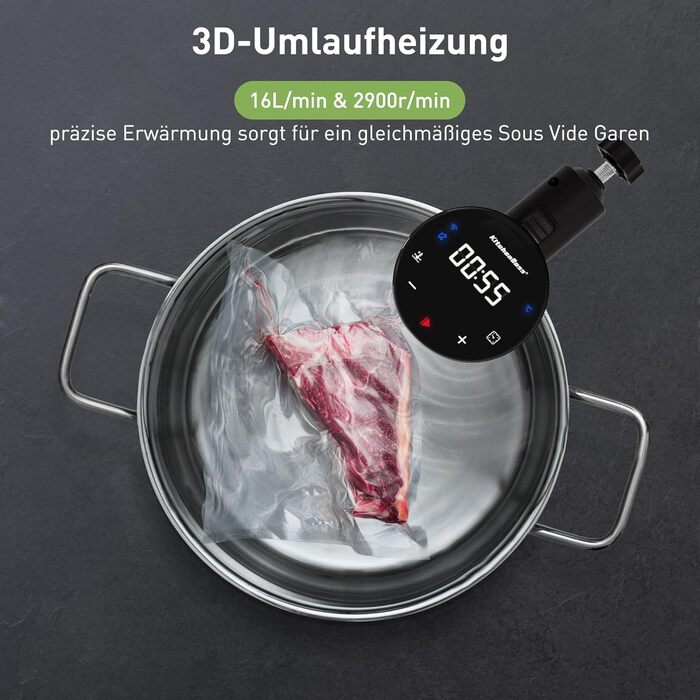 Sous Vide занурювальний циркулятор KitchenBoss G310PS-SC: точний контроль температури, Wi-Fi, LED дисплей, 1100W, IPX7 водонепроникність