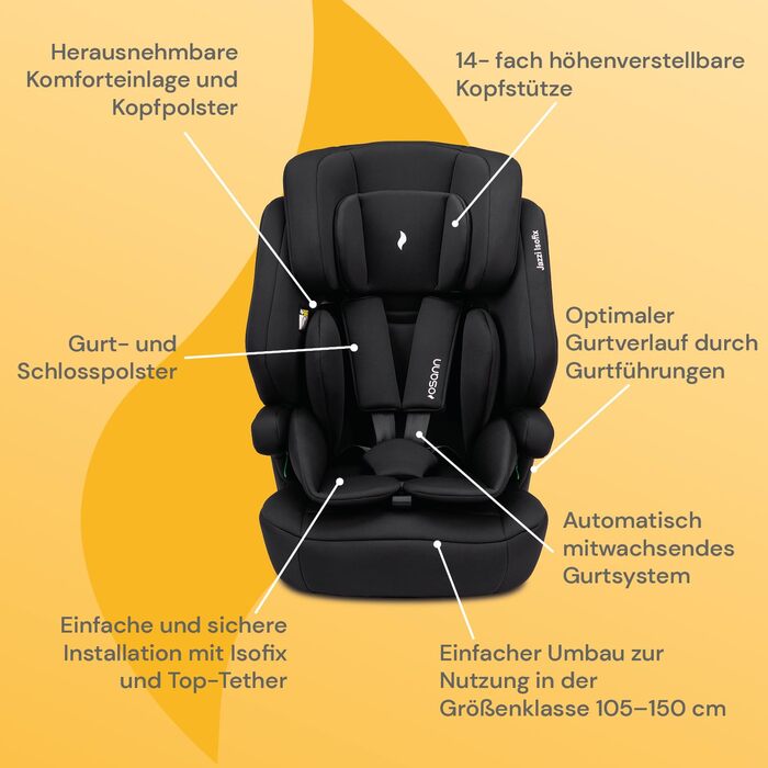 Дитяче автокрісло Osann Jazzi Isofix, з 1 року, i-Size, регульоване, чорне, для зросту 76-150 см