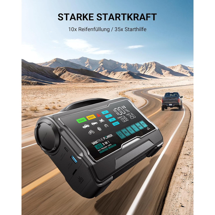 Пусковий пристрій для авто VANTRUE POWER JS3: бустер-павербанк з компресором 160 PSI, чорно-сріблястий