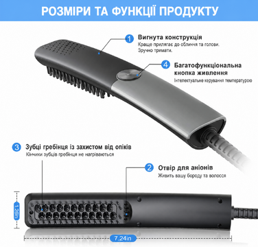 Електричний гребінець-випрямляч для бороди та волосся Lidasen, іонна щітка 2 в 1 з регульованою температурою до 200°C для чоловіків