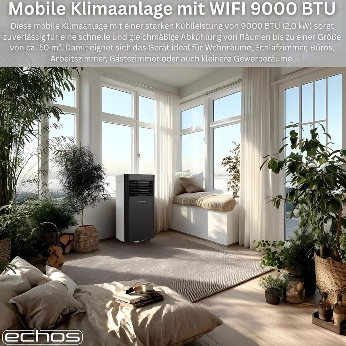 Мобільний кондиціонер Echos 9000 BTU з Wi-Fi, пультом та таймером 24 год – охолодження, осушення, вентиляція