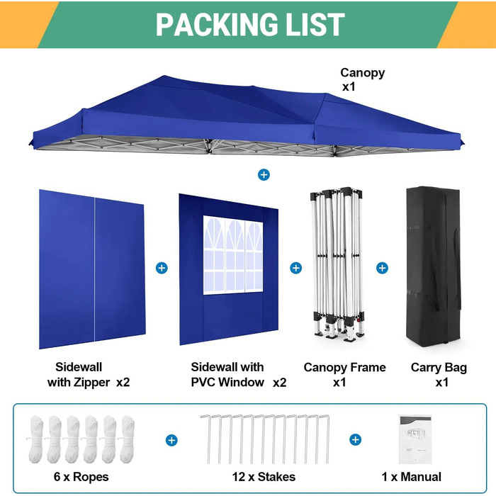 Павільйон-тент COBIZI 3x6 м, водонепроникний, зимостійкий, складаний, з 6 стінками, регульована висота, UV-захист, для саду, ринку, вечірок, синій