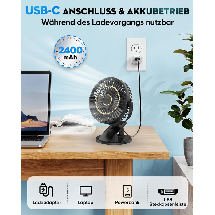 COZII Міні-вентилятор USB: кліпса на стіл, 720° поворот, 5 швидкостей, LED-дисплей. Портативний вентилятор для дому, офісу, дитячого візочка, подорожей - чорний