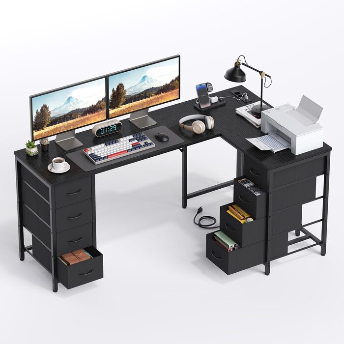 Кутовий стіл YOUDENOVA 150x100 см з шухлядами, розеткою та USB-зарядом, чорний. Стол L-подібний з місцем для зберігання