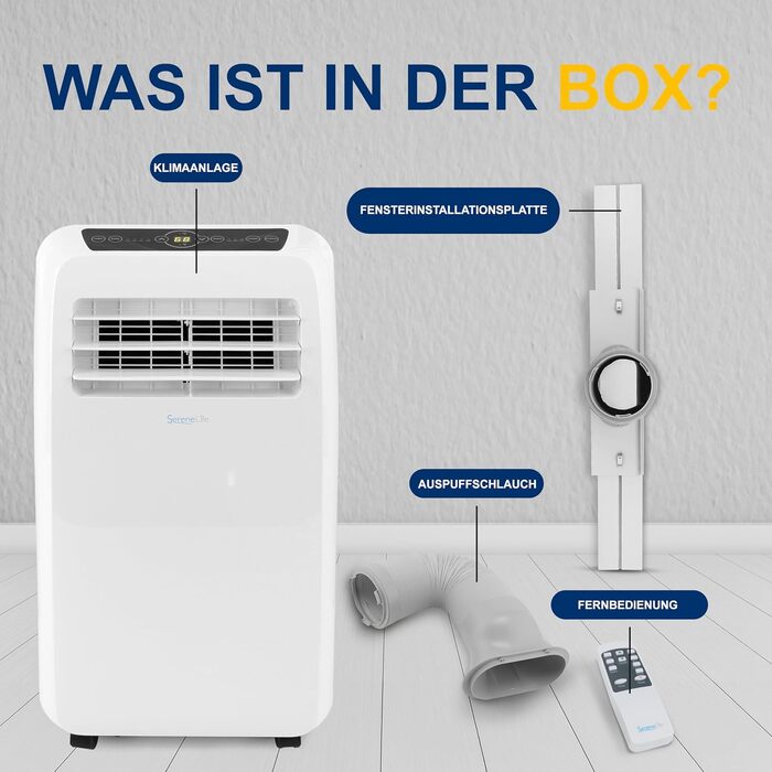 Мобільний кондиціонер SereneLife 9000 BTU 4-в-1: охолодження, обігрів, вентилятор і осушувач повітря, з пультом ДУ, для кімнат до 20 м², білий, комплект для віконного монтажу