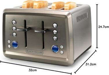 Тостер BLACK+DECKER BXTO1960E 1960Вт, 4 слоти, 6 режимів, цифрове налаштування, підігрів і розморожування, автоматичне центрування, підігрівач для булочок