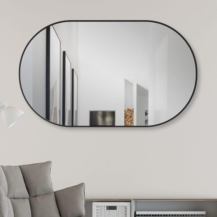 Дзеркало настінне овальне HOKO Design 45x75 см з металевим каркасом матовий чорний. Можлива вертикальна та горизонтальна установка. Для ванної кімнати, коридору, спальні.