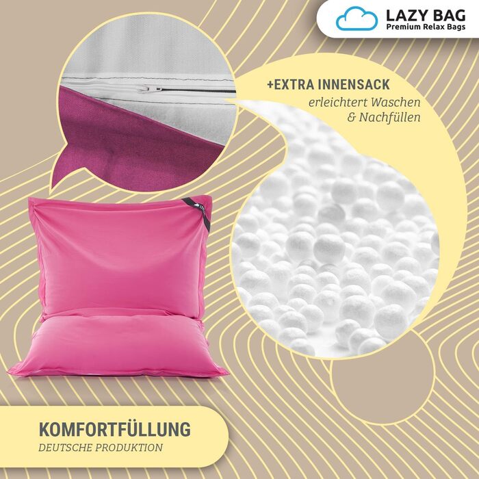 LAZY BAG Мішок-крісло Riesen-Sitzsack Classic XXL 140x180 см | Мішок-подушка 2-в-1 для відпочинку та лежання | Зручні моменти в приміщенні та на вулиці завдяки 4 млн EPS-кулькам для ідеальної ергономіки | Прасується, чохол з бавовни (рожевий)