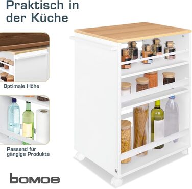 Кухонний візок на колесах bomoe Bengt, 3 рівні, регульовані, з деревини FSC, робоча поверхня, універсальний для кухні, ванної, офісу, 50x38x79 см, білий/дуб