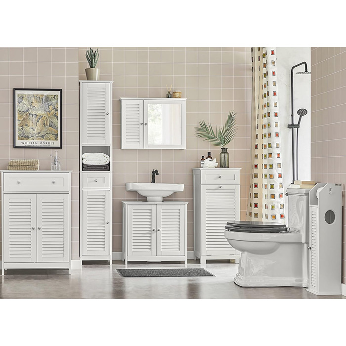 SoBuy FRG236-W Високий шафа для ванної кімнати, білий, 32x170x30 см, з відкритою полицею, шухлядою та дверцятами