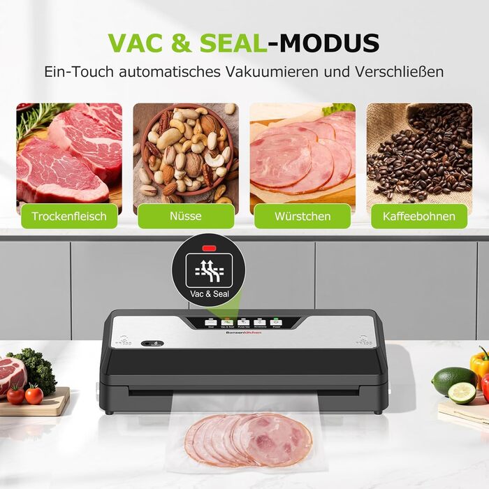 Вакууматор для продуктів Bonsenkitchen з вбудованим різаком, компактний вакууматор для Sous Vide та заготовок, кілька режимів роботи, чорний (в комплекті 1 рулон та 5 пакетів)