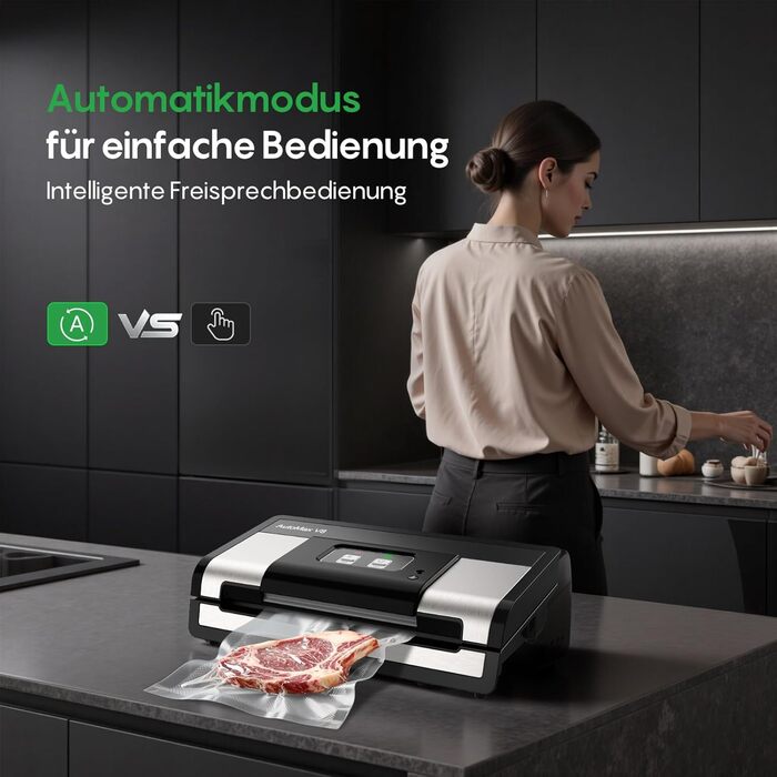 Вакууматор FRESKO Automatik для продуктів: автоматичний вакуумний пакувальник з турбо-потужністю 18л/хв, керування однією кнопкою, комплект з 2 рулонами для пакетів