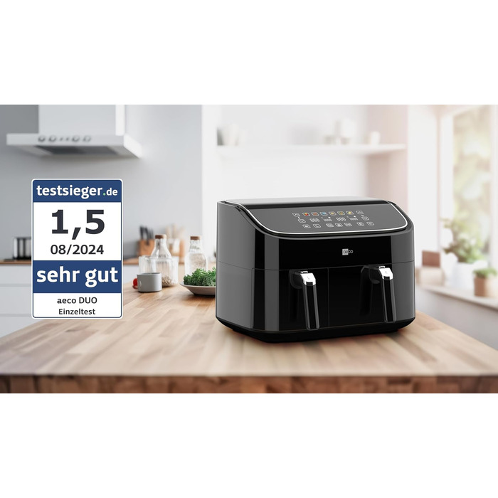 aeco DUO Подвійна аерофритюрниця 9 л (3 л та 6 л, синхронізація, цифровий дисплей, функція дегідрації, 2850 Вт, 80°-200°C, 6 програм, рецепт-інструкція)