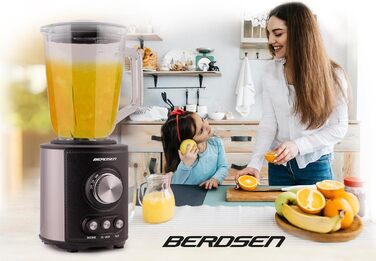 Стаціонарний блендер Berdsen 1,5 л, 800 Вт, скляна чаша, нержавіюча сталь, для смузі, коктейлів, молочних шейків, електричний, чорний/сріблястий