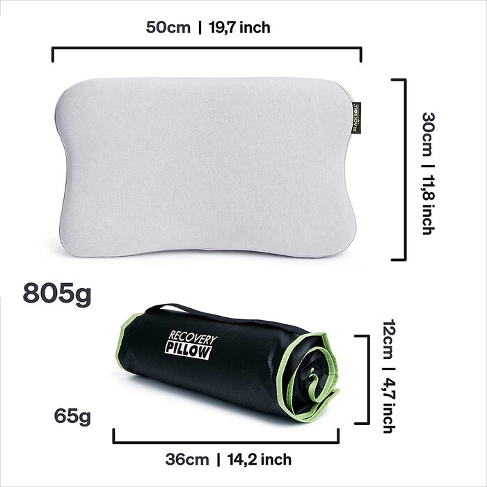 Ортопедична подушка BLACKROLL RECOVERY PILLOW 50x30 см, ергономічна подушка для сну з чохлом для подорожей, в'язкоеластичний меморі пін, вироблено в Німеччині, світло-сіра