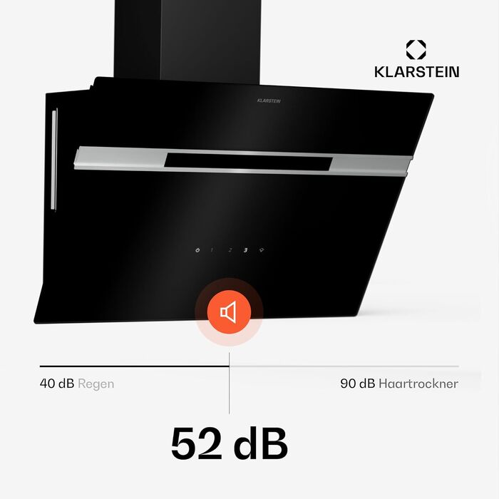 Витяжка кухонна Klarstein 60 см, похила, з RGB-LED підсвіткою, режим відведення та рециркуляції повітря, продуктивність 594 м³/год, клас енергоефективності A, чорна