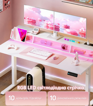 Офісний стіл для геймінгу OffiGo, 140 см, регульована висота, RGB LED, розетки, 3 полиці, тримач для напоїв та навушників, поверхня з карбону, білий колір