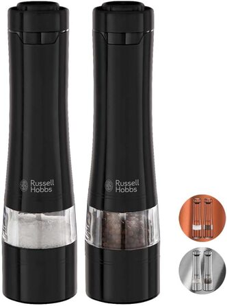 Електричний набір млинків Russell Hobbs для солі та перцю, 2 шт, керамічний механізм, регулювання помолу, LED-підсвічування, чорний, для спецій і трав, модель 28010-56