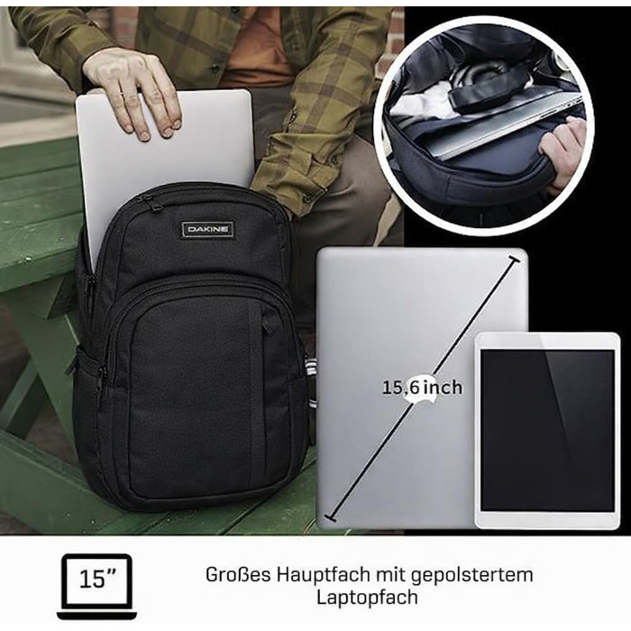 Унісекс рюкзак Dakine Campus 25L для школи, подорожей та ноутбука, водовідштовхуючий, чорний