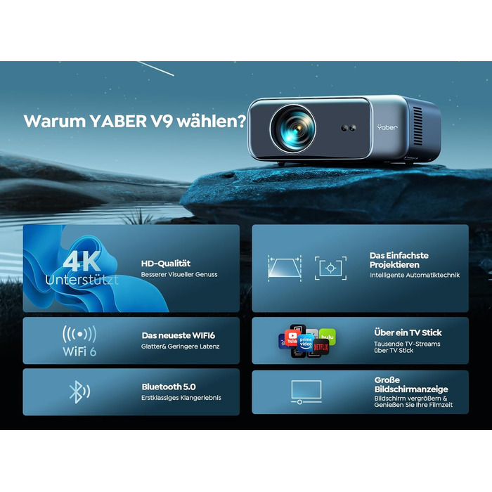 Проектор для домашнього кінотеатру YABER Full HD 1080p (підтримка 4K), автофокус, корекція трапеції, WiFi 6, Bluetooth, портативний outdoor-проектор до 300 дюймів для смартфонів, Fire TV Stick та PS5