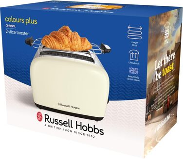 Тостер Russell Hobbs Colours Plus Edelstahl Creme на 2 тости, нержавіюча сталь - з підставкою для булочок, 6 режимів підсмажування, розморожування, Lift & Look, 1600 Вт