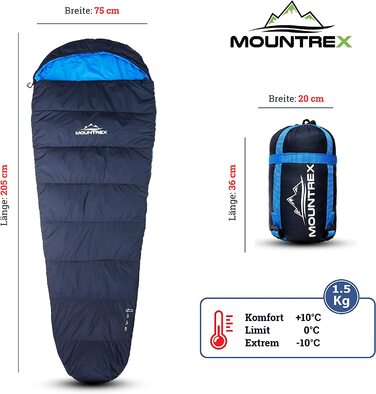 Спальний мішок MOUNTREX мумія 3 сезони, ультралегкий, 1500г, компактний, для кемпінгу та подорожей, синій, лівий замок