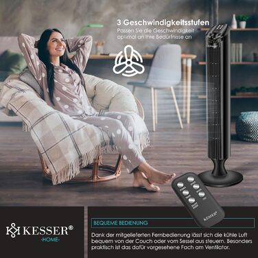Вентилятор вежний KESSER з пультом дистанційного керування, 90 см, 3 швидкості, таймер, турбо-режим, чорний