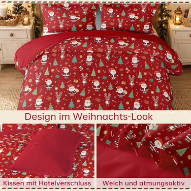 Комплект новорічної постільної білизни WONGS BEDDING з Санта-Клаусом, м'яка мікрофібра, 2 предмети (підковдра 135x200 см, наволочка 80x80 см), червоний