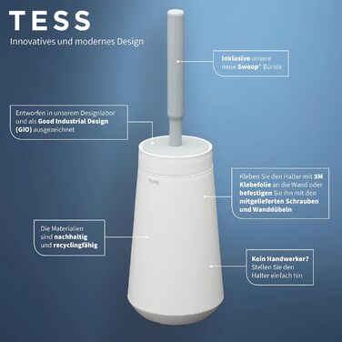 Тримач для туалетного йоржика Tiger Tess з гнучкою щіткою Swoop, настінний або підлоговий, білий/світло-сірий