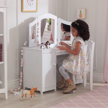 Дитячий туалетний столик KidKraft Deluxe з дзеркалом і стільчиком, білий, дерев'яний, для дітей, з шухлядами, меблі для дитячої кімнати, 13018