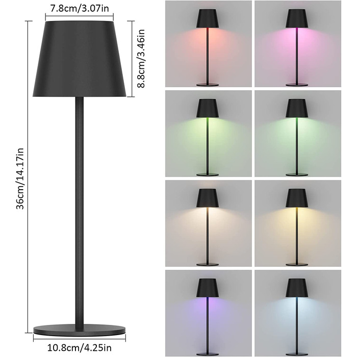 K-Bright LED акумуляторна настільна лампа, димована, бездротова, тепле світло 3000K+RGB, USB-C, алюміній, IP54, чорна, 2 шт.