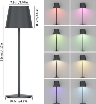K-Bright LED акумуляторна димована настільна лампа, 2 шт, бездротова, алюміній, IP54, тепле світло 3000K+RGB, USB-C, антрацит