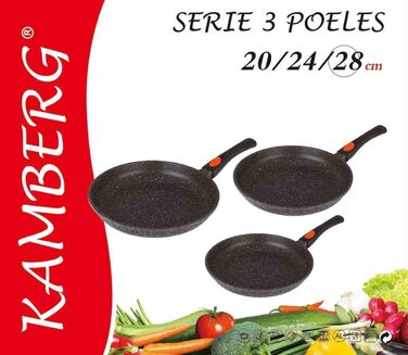 Набір сковорідок Kamberg 3 шт. 20/24/28 см знімна ручка, литий алюміній, антипригарне покриття під камінь, для всіх плит, індукція, без ПФОК, чорні