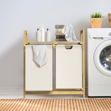 Бамбуковий кошик для білизни ML-Design, темно-синій, 60 л, з 2 відсіками та висувними мішками, з полицею для ванної