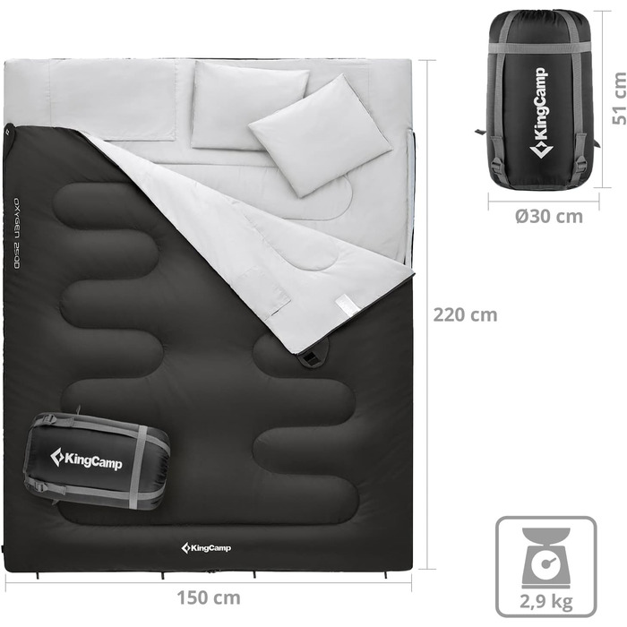 Двомісний спальний мішок KingCamp Oxygen 250 D XL довгий, до -3°C